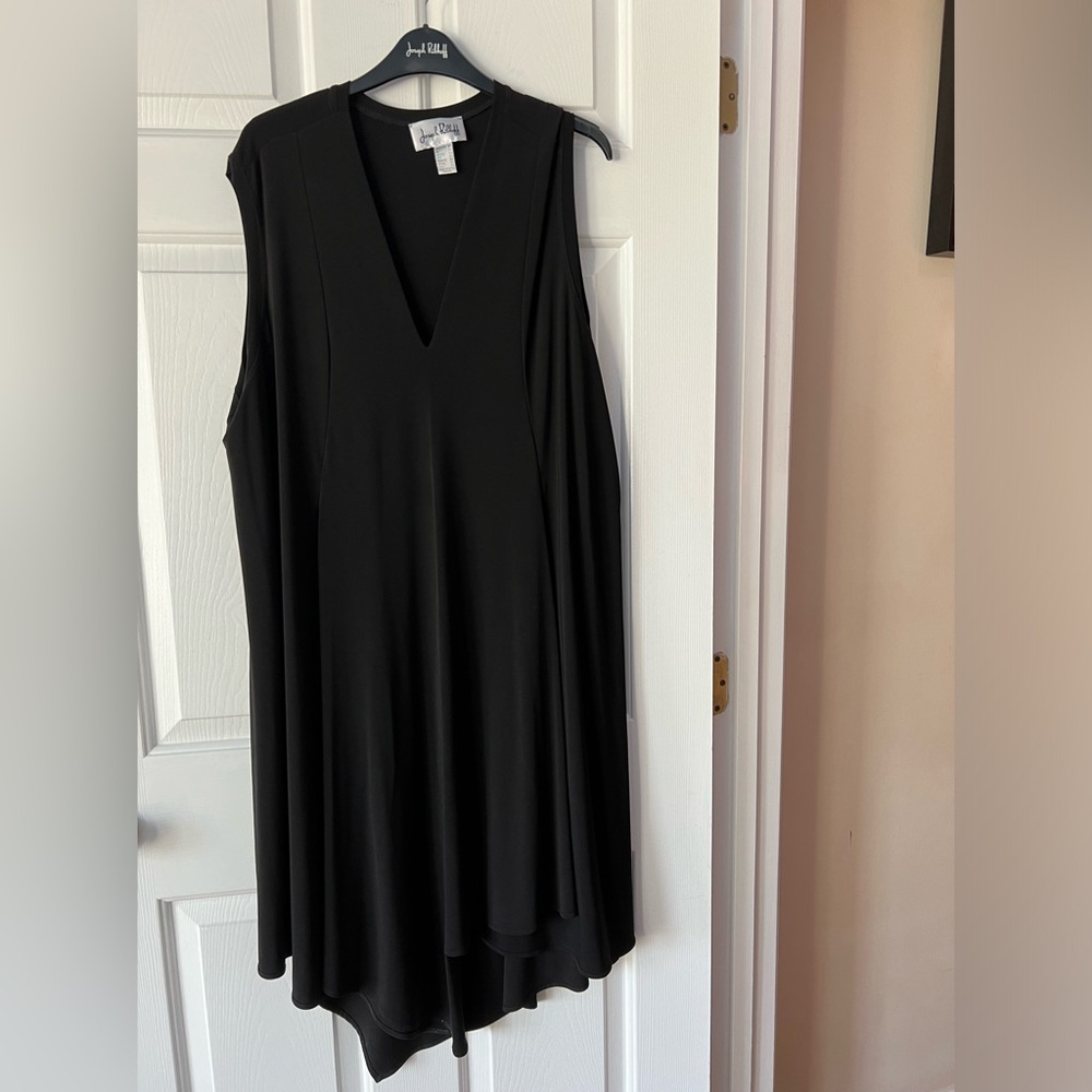 Joseph Ribkoff black v neck dress with scarf detail at front hem